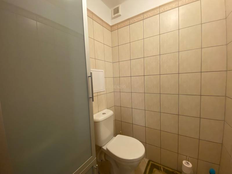 Bathroom with toilet and shower in a 2-room apartment.