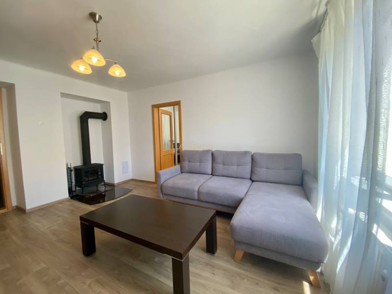 Living room with a corner sofa, fireplace, and coffee table in a 2-room apartment.