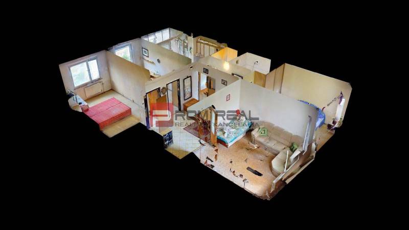 3D floor plan of a 4-room apartment showing the living room and bedroom.