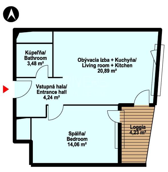 Floor plan of a 2-room apartment with a living room and kitchen, bedroom, bathroom, and loggia.