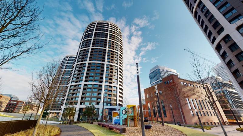 High-rise buildings with a playground on Čulenova Street, suitable for a 2-room apartment and families.