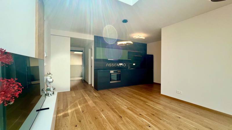 The kitchen of a two-room apartment with a dark kitchen unit and wooden flooring, complemented by lights.