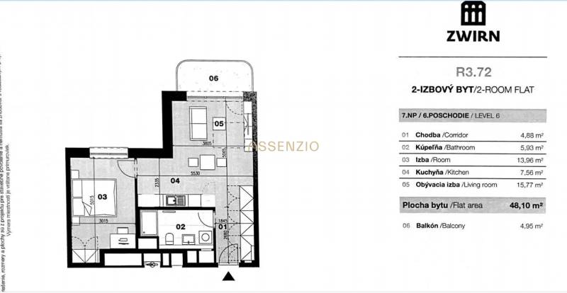 The floor plan shows a 2-room apartment with a hallway and a kitchen on the floor of Cvernovka Street.