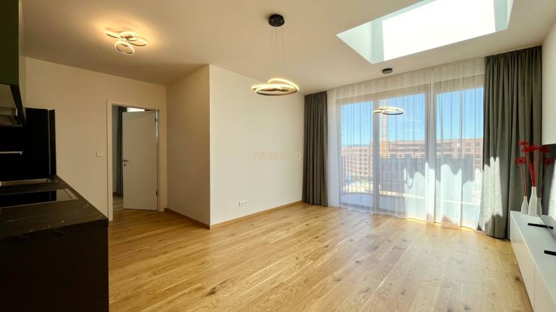 Bright living room space with curtains, wooden flooring, and a kitchen unit in a 2-room apartment.