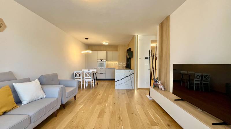 Living room in a two-room apartment with wooden flooring, a sofa, and a television.