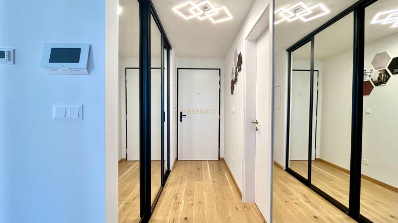 A hallway with a wooden floor and a mirrored wardrobe in a 2-room apartment.