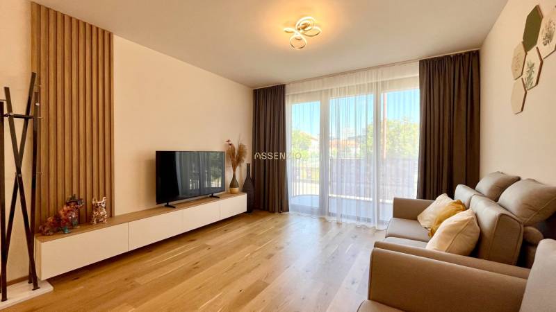 Living room in a two-room apartment with a sofa, television, and wooden floor.