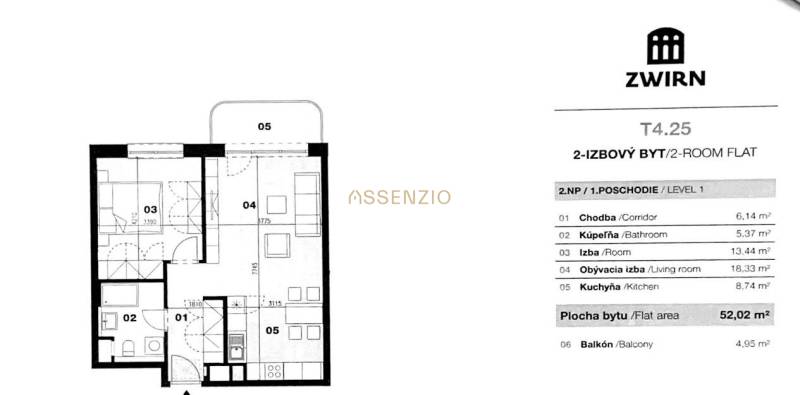 Floor plan of a 2-room apartment near Cvernovka Street with an area of 52.02 m² and a balcony.
