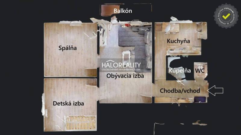 Floor plan of a 3-room apartment with labeled rooms: bedroom, children's room, living room.