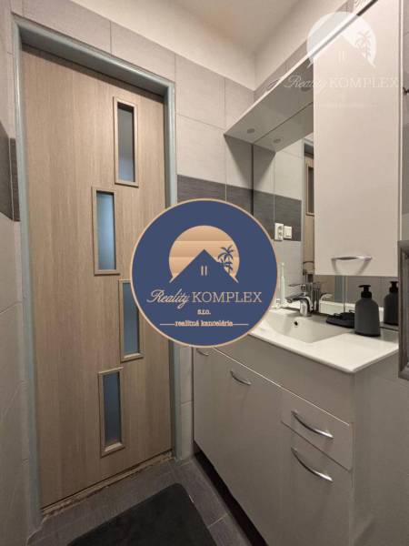 Bathroom in a studio apartment with a sink, mirror, and wooden door.