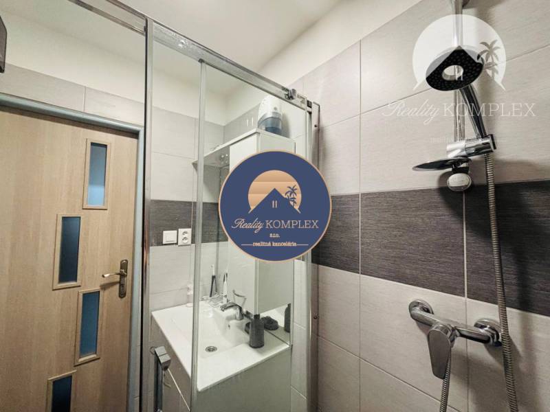 A bathroom in a studio apartment with a modern shower and sink.