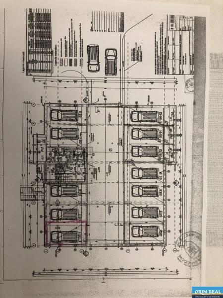 Architectural plan of garages on Rastislavova Street in Slovenský Grob, showing parking spaces.