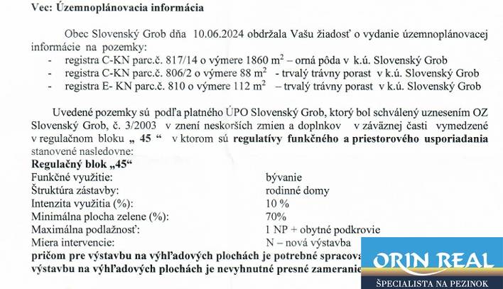 Zoning information from the municipality of Slovenský Grob for plots designated for residential use.