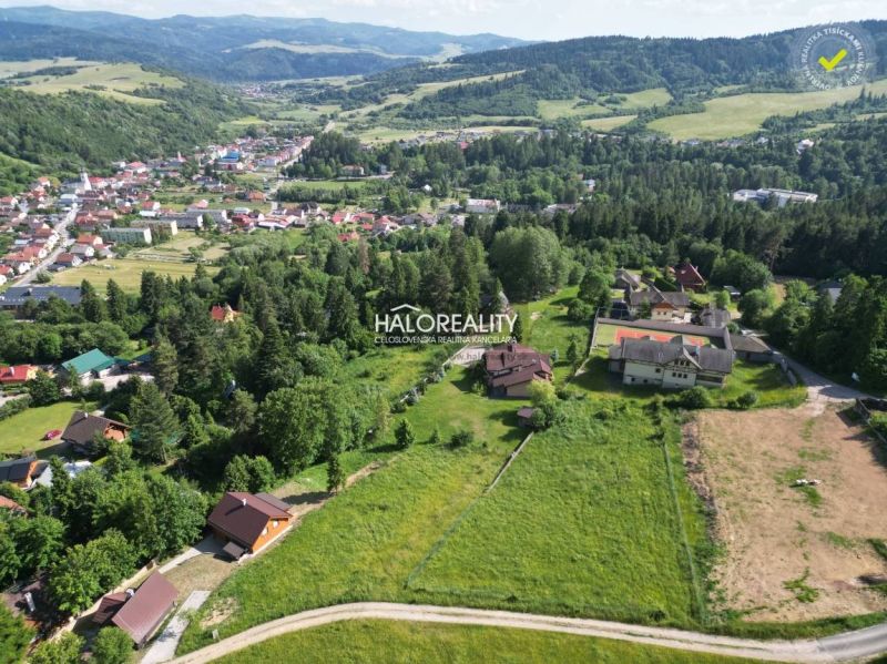 Aerial perspective of recreational plots in the village of Vyšné Ružbachy surrounded by nature.