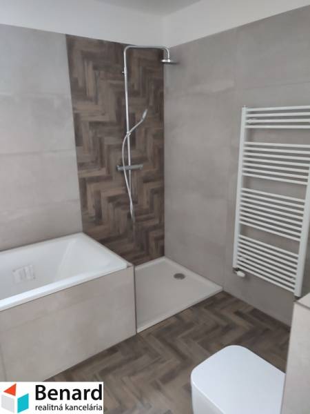 A bathroom in a family house with a bathtub, shower, and ladder radiator.