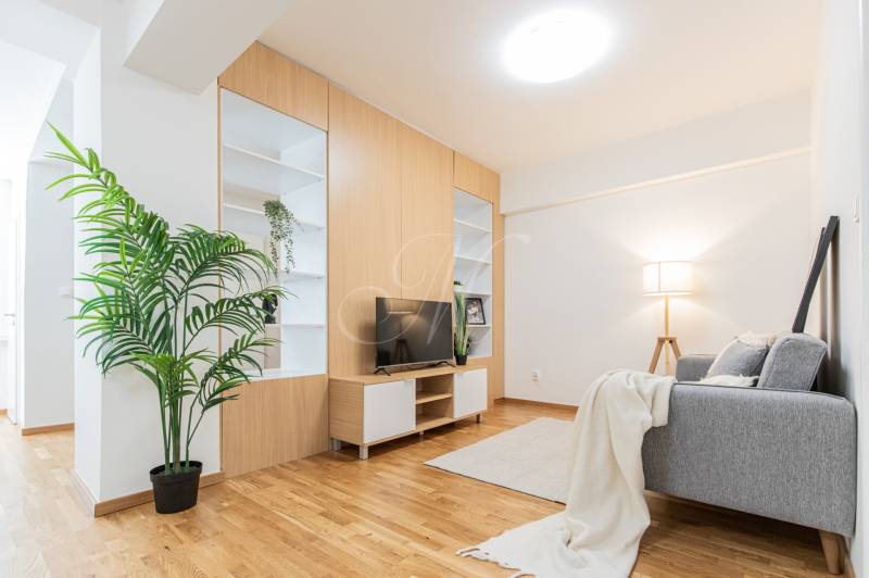 Living room with wooden flooring, gray sofa, dresser, and houseplant in a three-room apartment.