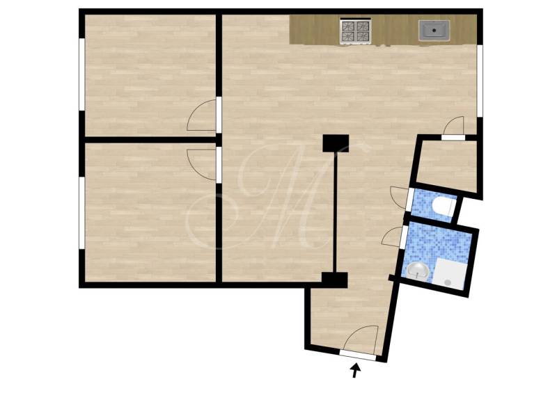 Floor plan of a 3-room apartment with an open kitchen area, bathroom, and separate toilet.