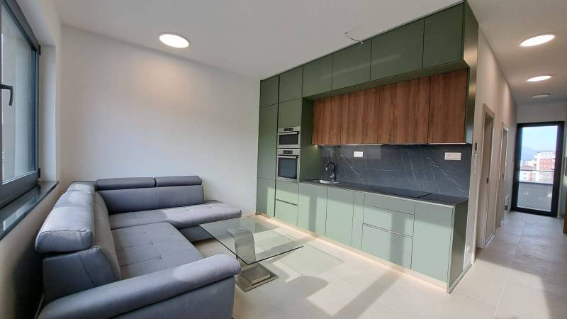 Bright kitchen and living room with a sofa in a 2-room apartment.