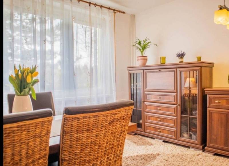 Soft curtains and wooden furniture complement the cozy interior of the studio apartment.