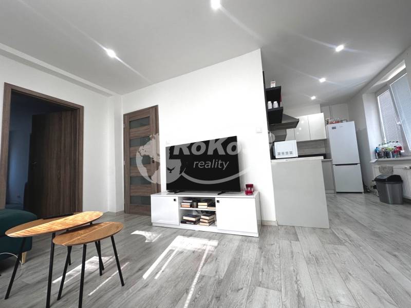 Living area of a 2-room apartment with a television, a table, and a kitchenette.