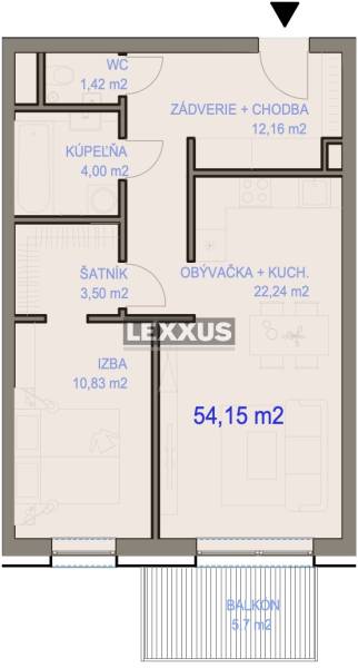 Floor plan of a 2-room apartment with a hallway, kitchen, room, and balcony.