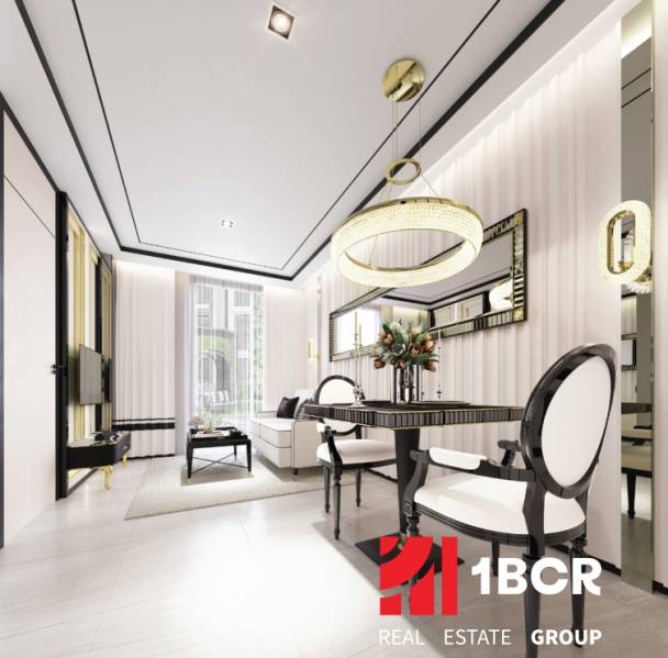 Luxurious 1-bedroom apartment with elegant black and white accents and stylish lighting.