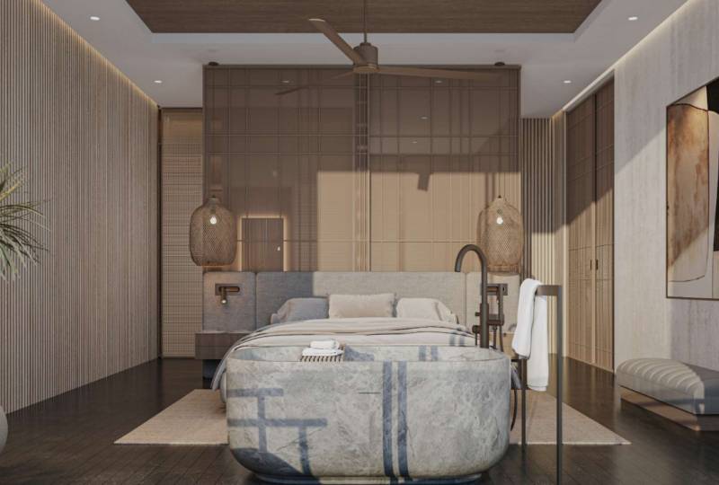 Luxury bedroom in a family house with designer lighting, wooden details, and a comfortable bed.