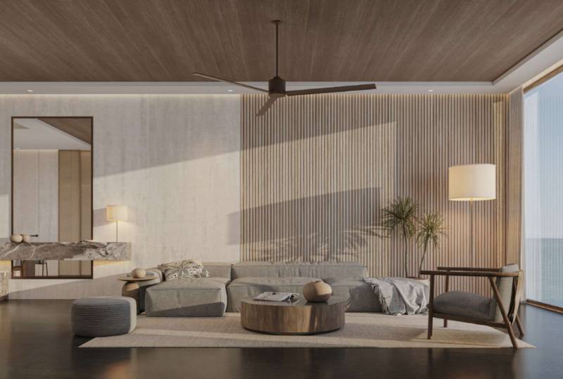 A stylish living room with minimalist furniture and a wooden ceiling in a family house.
