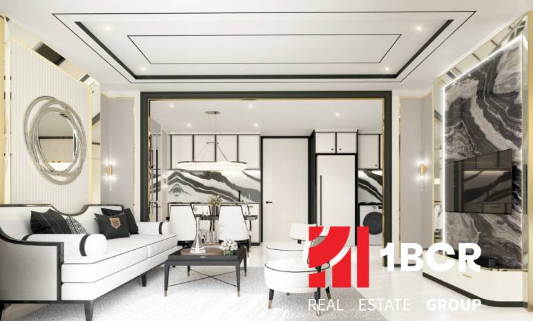 Luxury interior of a 3-room apartment with elegant seating and modern lighting.