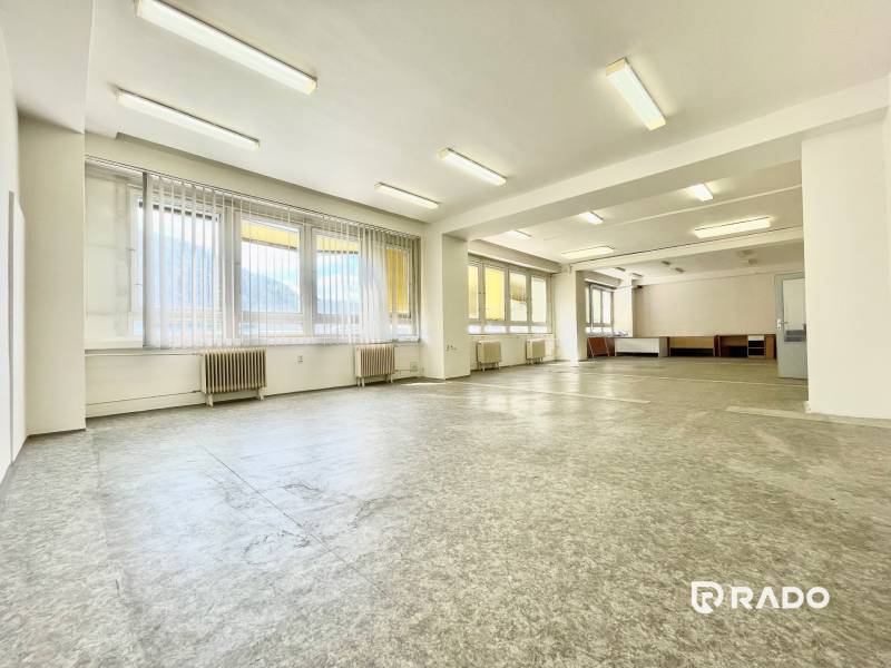 Spacious offices with large windows and linoleum flooring.