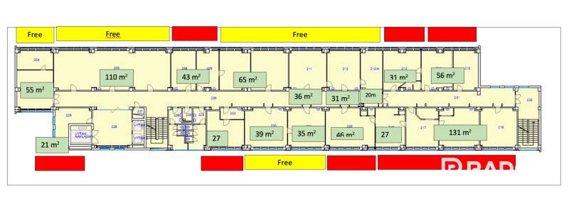 Floor plan of offices with various room sizes in the building.
