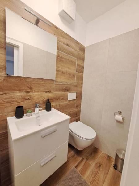 Bathroom in a 2-room apartment with wooden and ceramic tiles, with a sink and toilet.