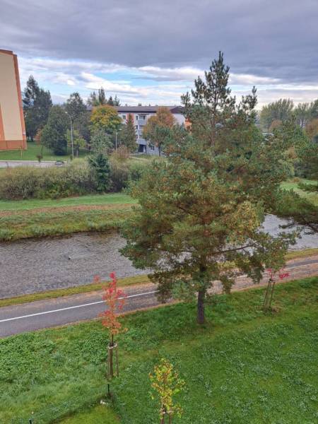 View from a 2-room apartment on Jilemnického Street in the town of Svit, including the river and greenery.