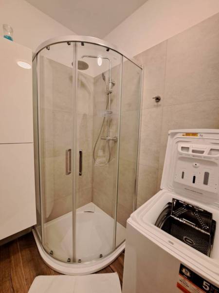 Shower corner and washing machine in the bathroom of a 2-room apartment.