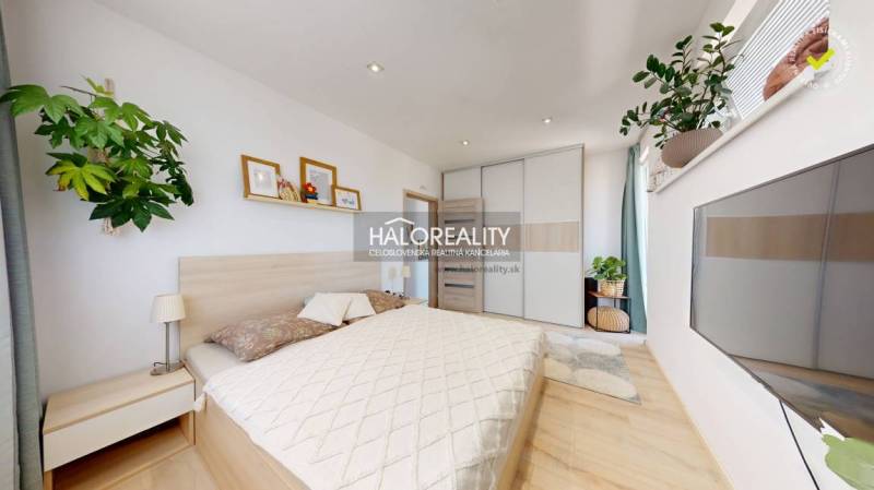 Bedroom in a 3-room apartment with a bed, wardrobe, paintings, and green plants.