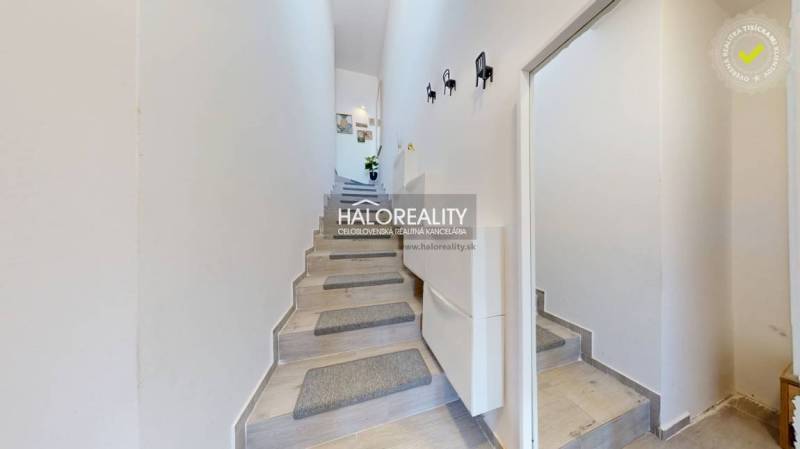 The hallway with a staircase in the 3-room apartment has light walls and decorative elements.