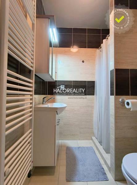 A bathroom in a studio apartment with modern amenities, a shower cabin, and storage spaces.