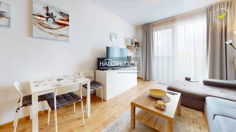 Studio apartment with wooden flooring, a sofa, and a dining table, a bright room with modern furniture.
