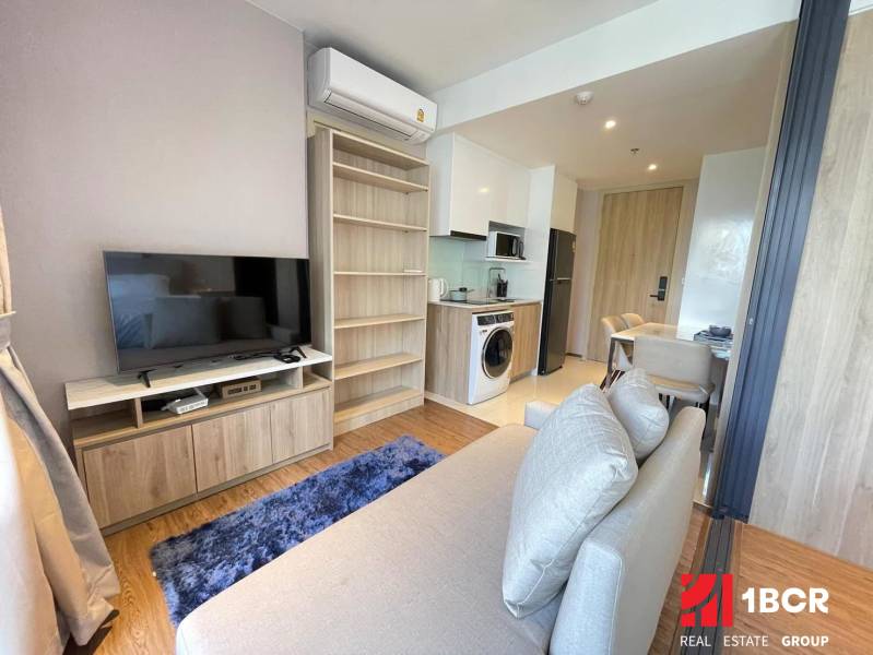Compact arrangement of a 2-room apartment with a living room, kitchen, sofa, and television.