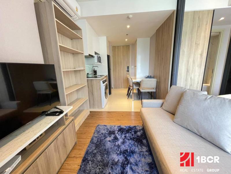Living room in a two-room apartment with a sofa, television, and dining area.