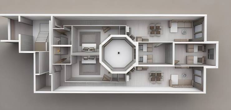 Layout of a 3-room apartment: central hall, two bedrooms, living room, kitchen, sanitary facilities.