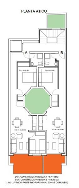 Floor plan of a 3-bedroom attic apartment with two bathrooms and terraces.
