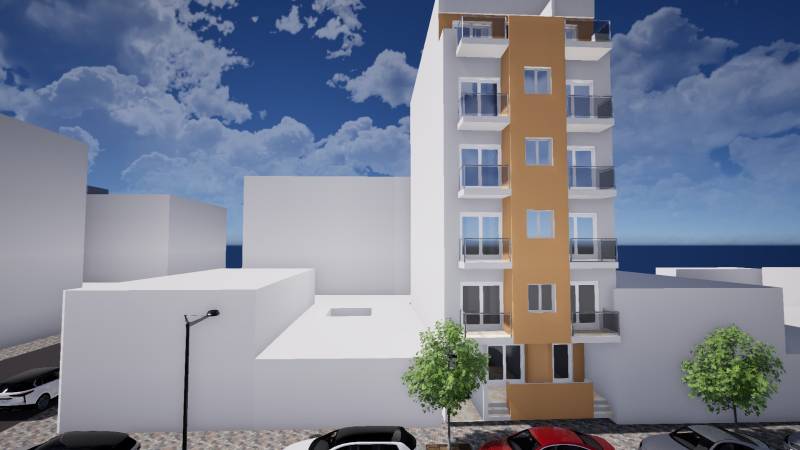 A building in Torrevieja on Campoamor Street 12, with cars parked next to it.