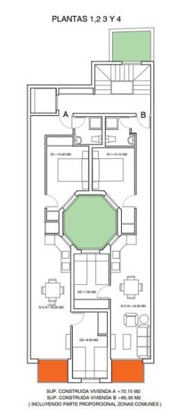 Floor plan of a 3-room apartment with zones A and B, two bathrooms, and a terrace.