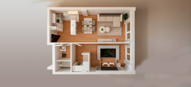 Floor plan of a 3-room apartment with furnishings, including a kitchen, living room, and bedroom.