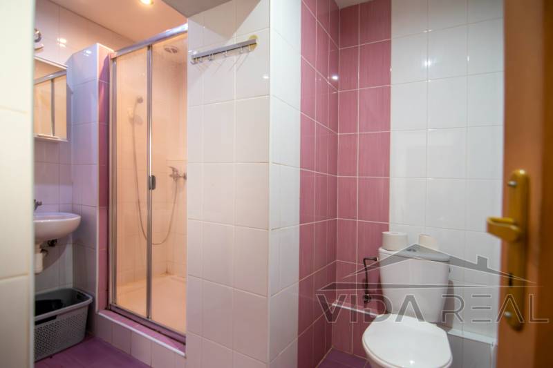 Bathroom with toilet, shower, and sink in a 2-room apartment.