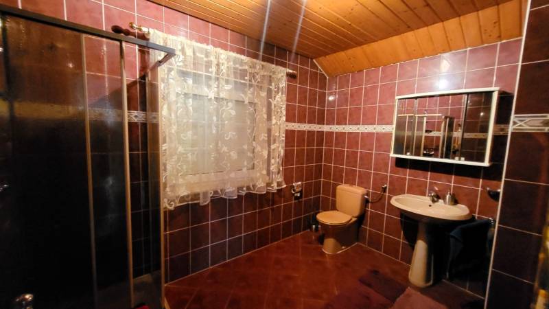 Bathroom in a family house with brown ceramic tiles and a wooden ceiling.