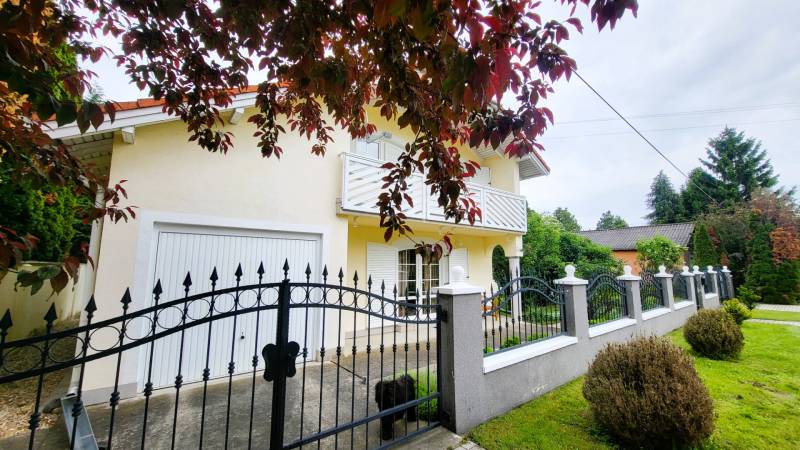 The family house in Dunaszige is surrounded by a garden with trees and a metal fence.