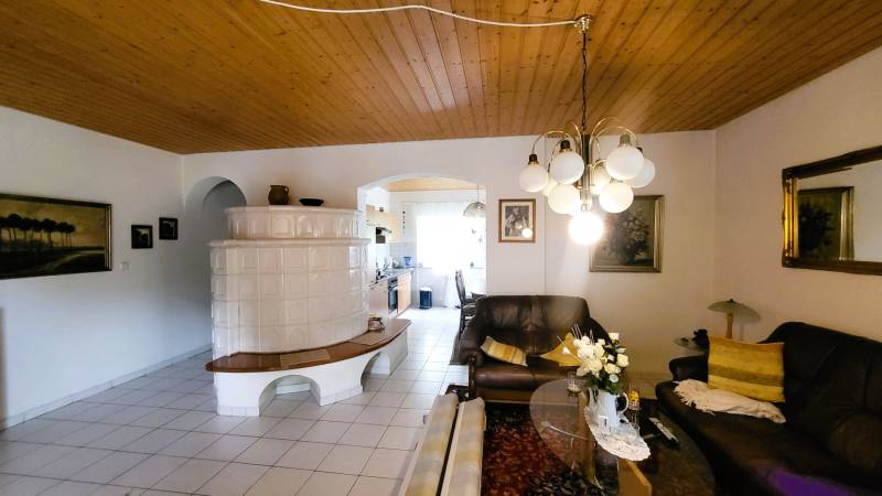 Living room with a wood-burning stove, sofa, and lamp in a family house.