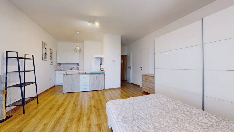 Compact 1-room apartment with a kitchenette, bed, and wooden floor.